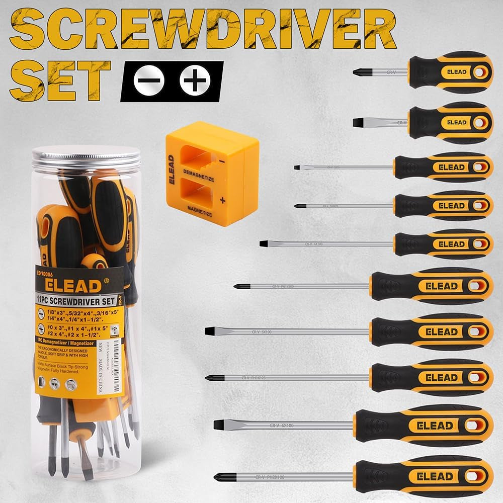 11-Piece Magnetic Screwdriver Set – Phillips & Slotted Tips with Magnetizer/ Demagnetizer