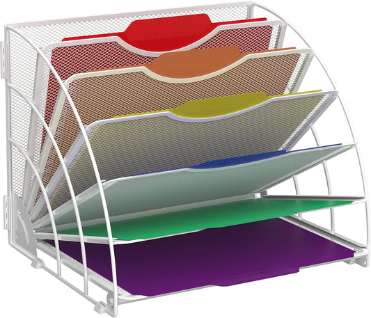 SUPEASY Fan-Shaped Desk File Organizer – 6 Compartments for Papers, Bills & Desk Essentials (White)