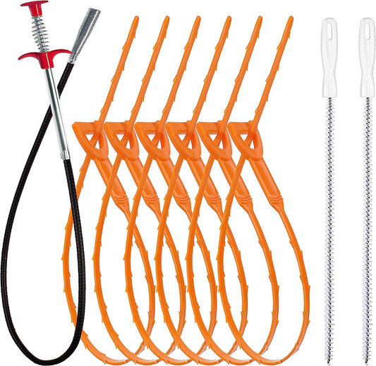 35.5Inch Drain Clog Remover(1Pcs), 25Inch Drain Snake Hair Remover(6Pcs) ＆ Cleaning Brush(2Pcs), Hair Catcher Drain Auger Cleaner Tool Set for Toilet, Kitchen Sink, Bathroom Tub, Sewer, 9 Pack