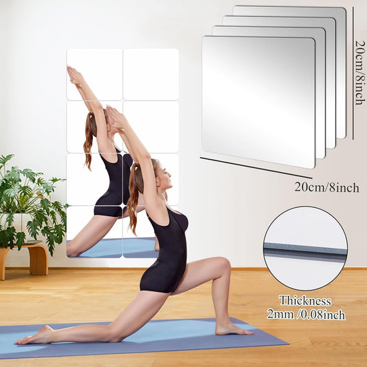 4 Pack Self Adhesive Acrylic Mirror, 8 X 8 Inch Mirror Tiles,Flexible Plastic Mirror Sheets Wall Stickers,2Mm Thick Mirror,Frameless Small Mirror