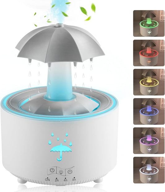 Rain Umbrella Humidifier & Aroma Diffuser with Soothing Rain Sounds, Water Drip Effect, 7 Colors Mood Light, Timer and Auto-Off, Ideal for Relaxation, Sleep, Home, Bedroom, Desk(White)