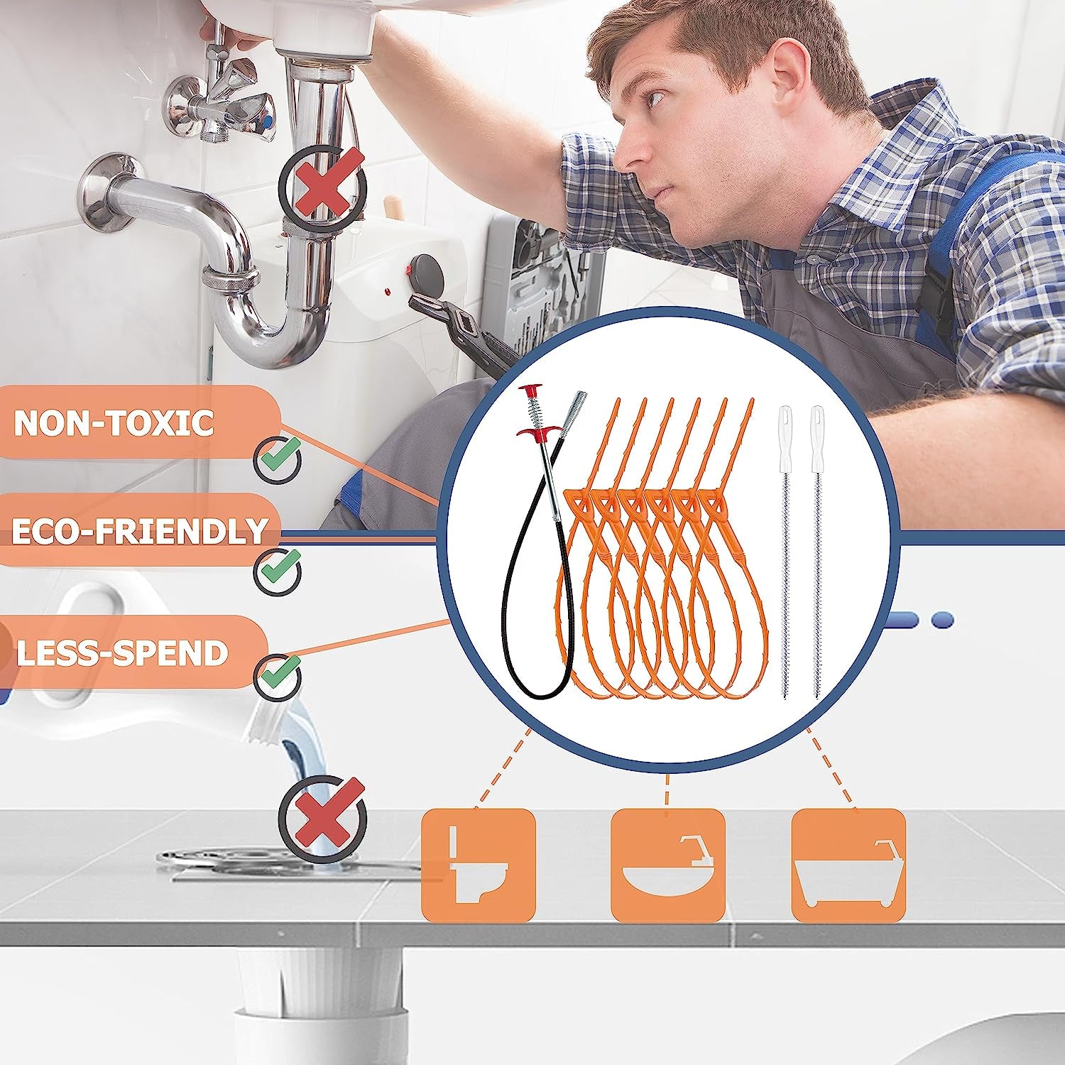 35.5Inch Drain Clog Remover(1Pcs), 25Inch Drain Snake Hair Remover(6Pcs) ＆ Cleaning Brush(2Pcs), Hair Catcher Drain Auger Cleaner Tool Set for Toilet, Kitchen Sink, Bathroom Tub, Sewer, 9 Pack