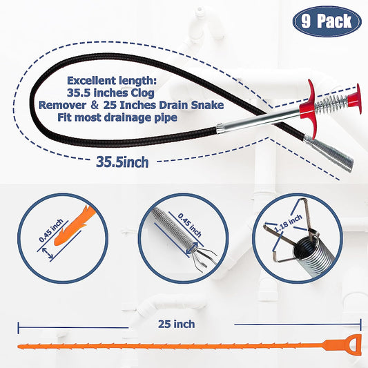 35.5Inch Drain Clog Remover(1Pcs), 25Inch Drain Snake Hair Remover(6Pcs) ＆ Cleaning Brush(2Pcs), Hair Catcher Drain Auger Cleaner Tool Set for Toilet, Kitchen Sink, Bathroom Tub, Sewer, 9 Pack