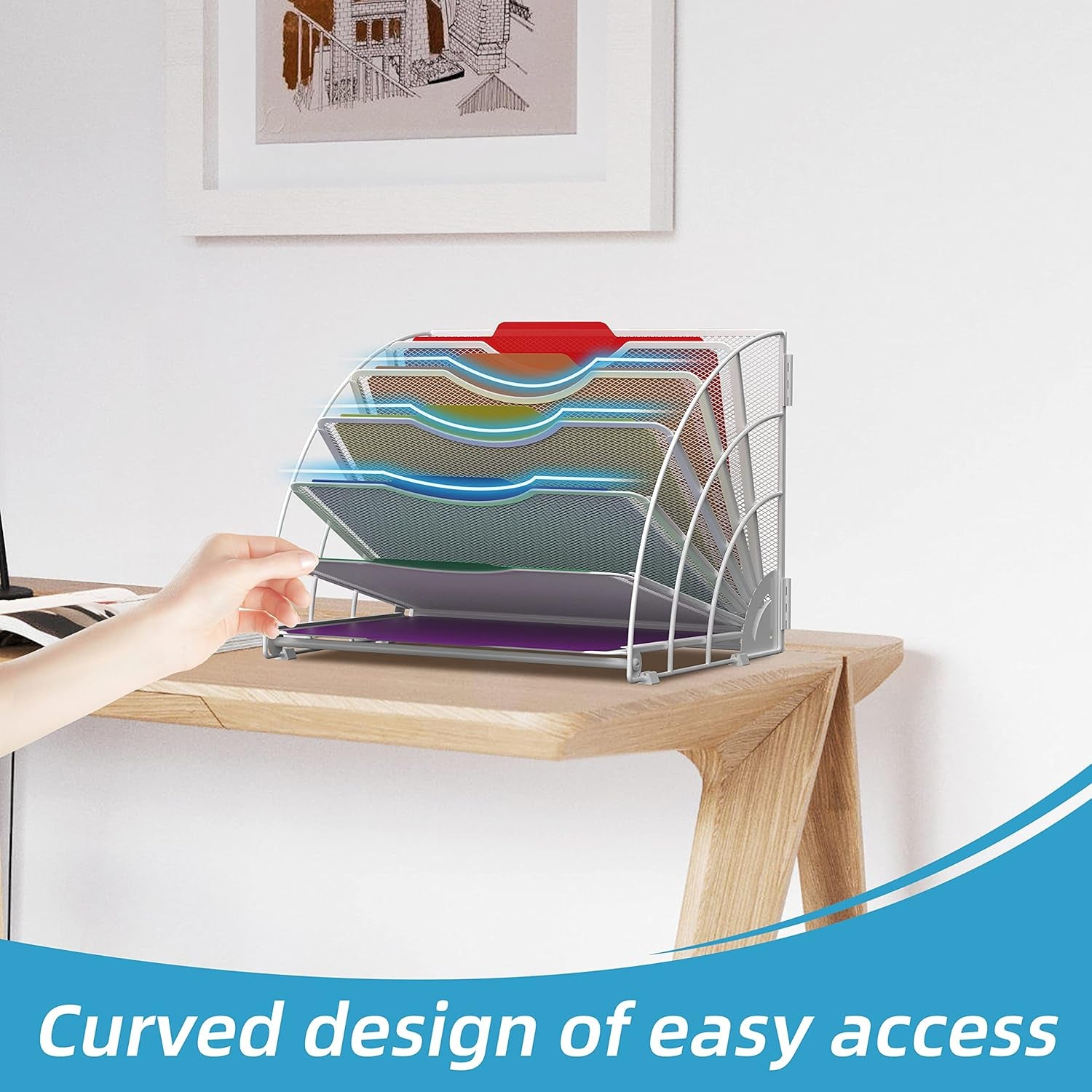 SUPEASY Fan-Shaped Desk File Organizer – 6 Compartments for Papers, Bills & Desk Essentials (White)