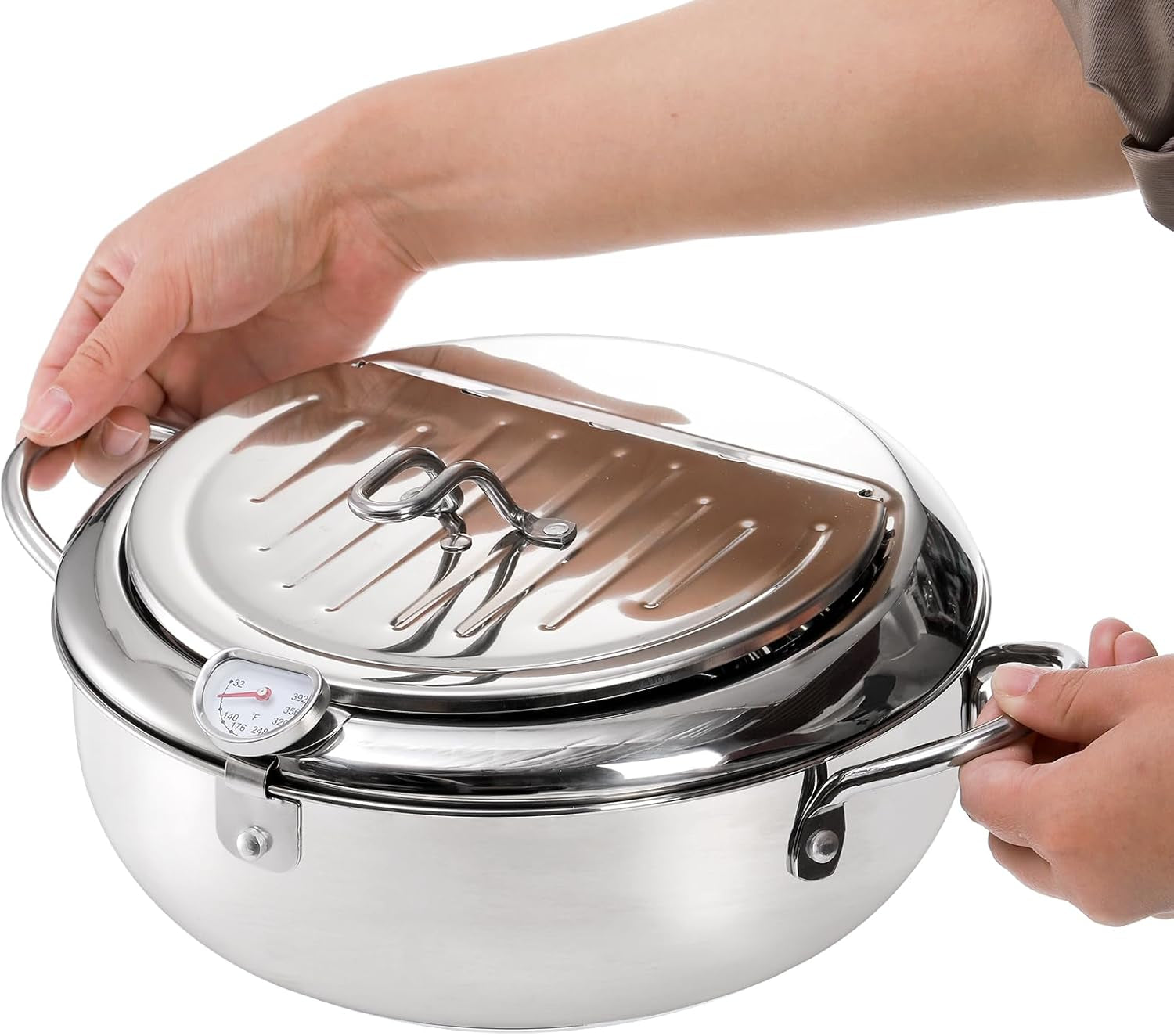 Deep Fryer Pot 304 Stainless Steel, 3.4L Frying Chicken Pot with Thermometer Control and Lid, Japanese Style Tempura Fryer Pot
