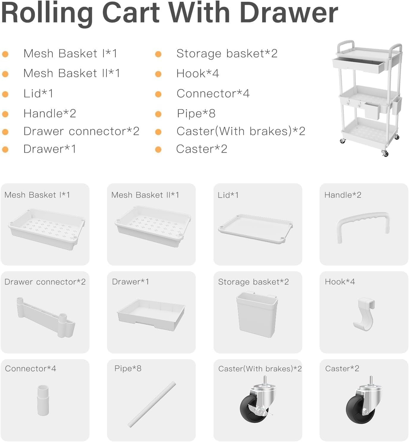 3 Tier Rolling Cart Organizer,Laundry Room Bathroom Organizers and Storage Office Shelves Mobile Shelving Unit Kitchen Trolley Cart with Wheels for Art,Craft,Diaper,Bedside,Snack(White)
