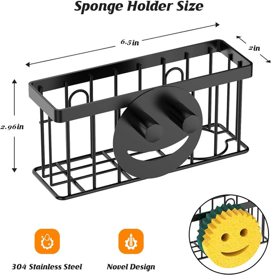 Sponge Holder Smiley Face, Sink Caddy for Kitchen Sink, Sink Organizer Sponge Holder with 2 PCS Suction Cups/1 PCS Adhesive Strips, Designed for Sponge, Soap, Dish Brush, Scrubber-Black