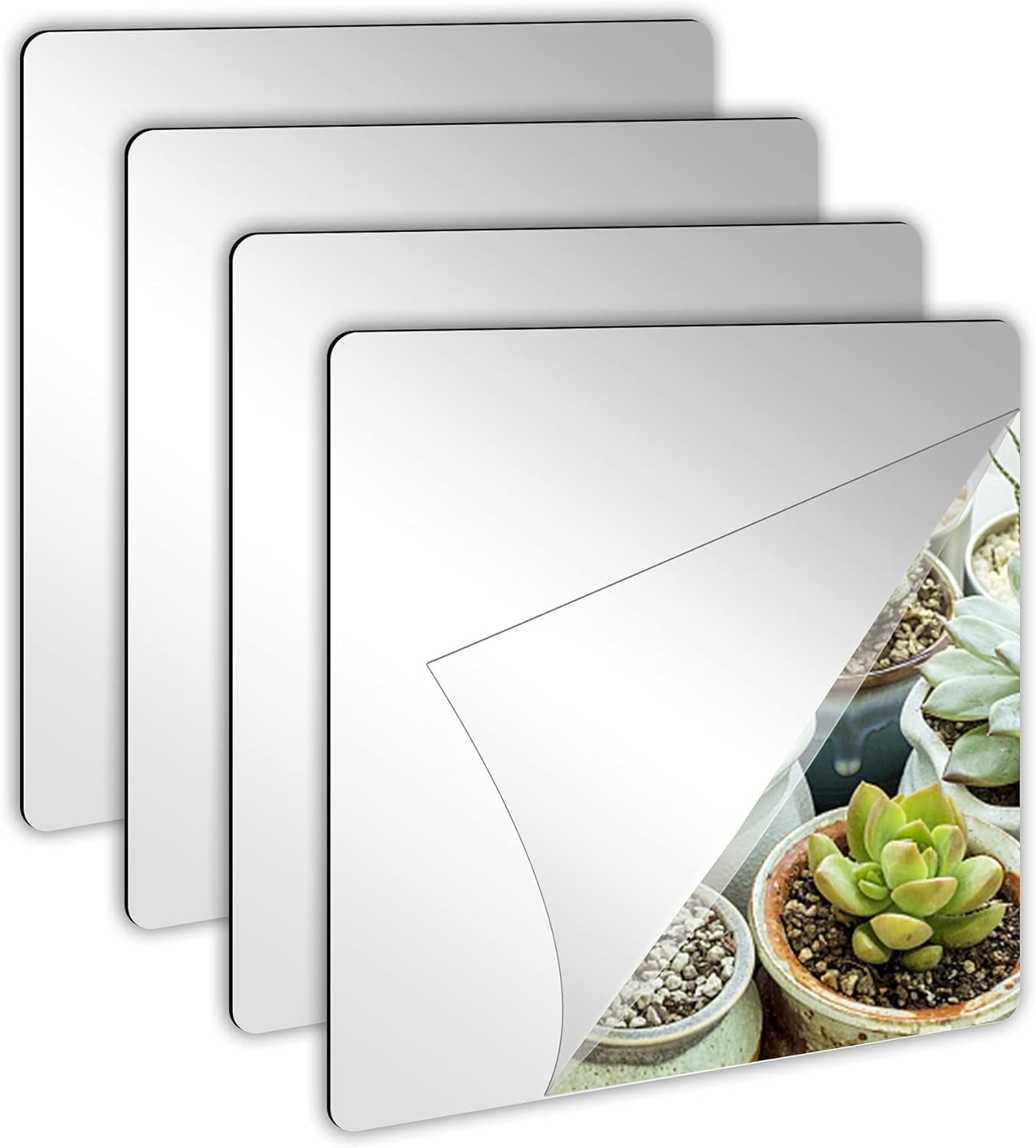 4 Pack Self Adhesive Acrylic Mirror, 8 X 8 Inch Mirror Tiles,Flexible Plastic Mirror Sheets Wall Stickers,2Mm Thick Mirror,Frameless Small Mirror