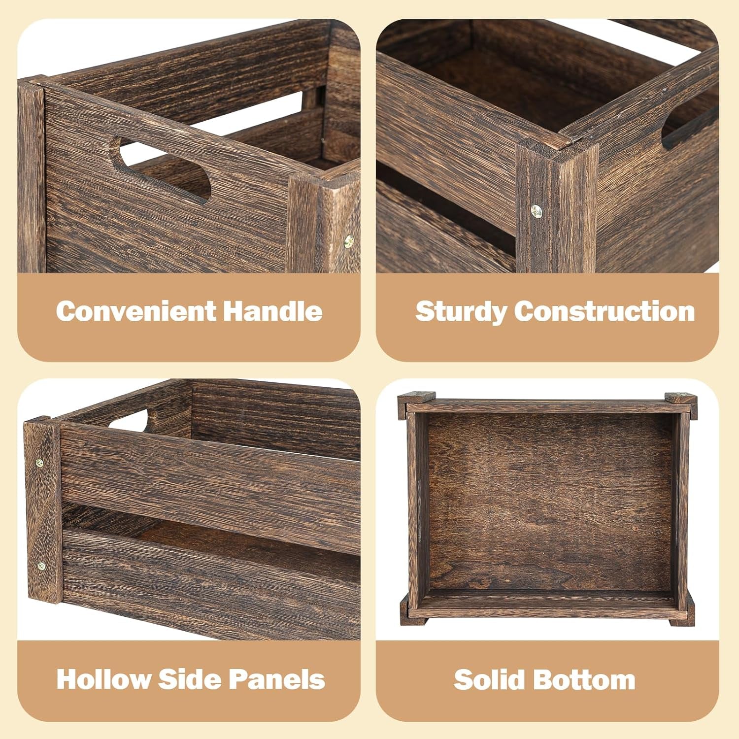 Wooden Crates, Farmhouse Wooden Crates for Storage, Rustic Handmade Wood Crate with Handles, Durable Wooden Crates for Display, Medium Wooden Crate Box, Wooden Crates for Decor, 2 Pack, Brown