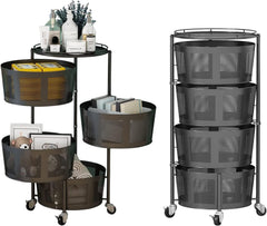 Rotating Kitchen Storage Rack 4 Tier round Metal Baskets on Wheels Floor-Standing Fruit and Vegetable Storage Basket Household Storage Rack for Bathroom Kitchen Living Room, Black