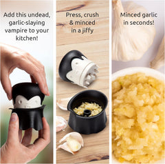 Glam Gracula Garlic Crusher, Garlic Peeler, Also for Ginger, Nuts, Chili, Herbs - Twist Top Mincer & Easy Squeeze Manual Press Peeler, Goth Gifts