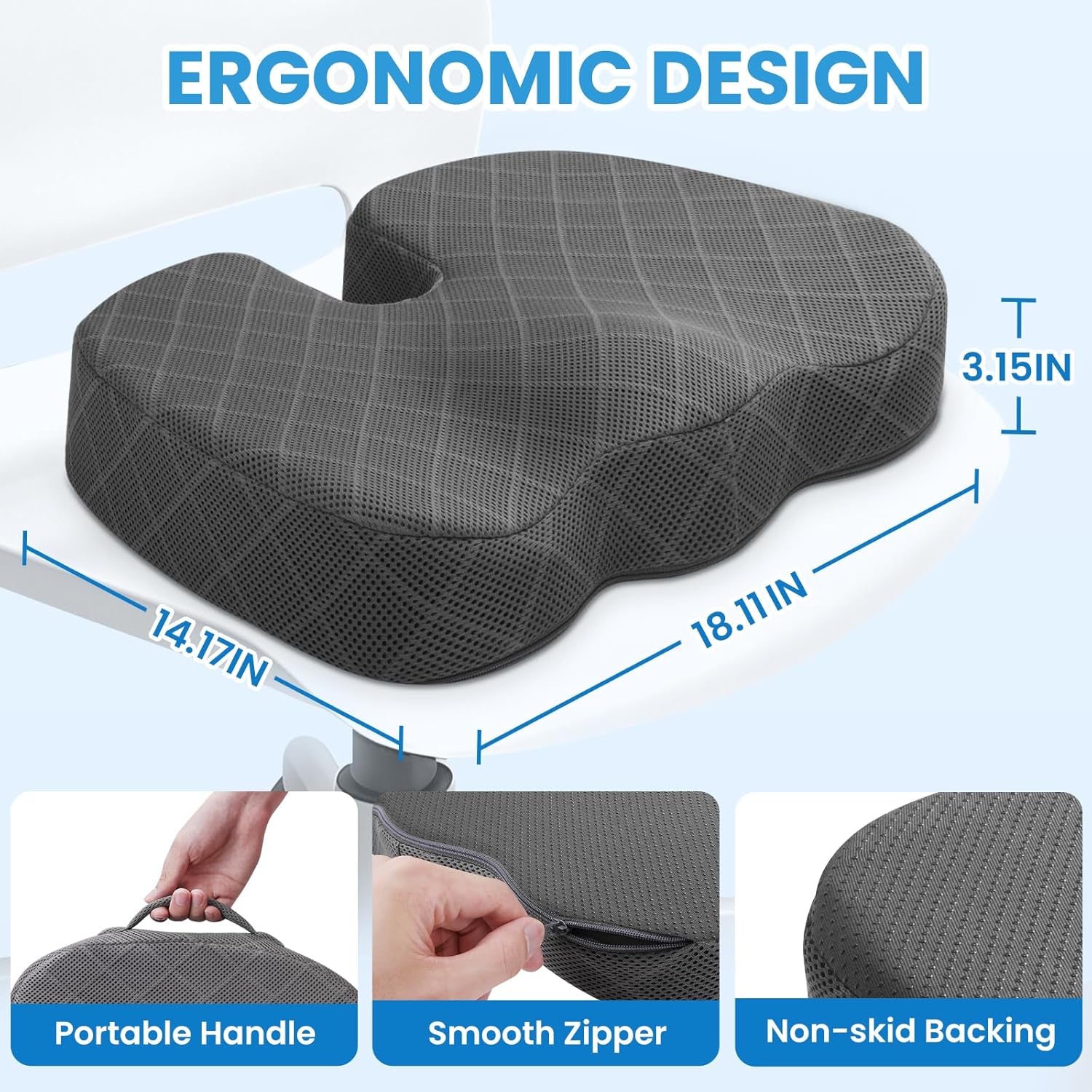 Seat Cushion - Memory Foam Cushion for Office Chair, Car Seat, Airplane, Bleacher - Sciatica & Hip & Coccyx Pain Relief Desk Chair Cushion for Long Sitting Office Workers, Car Drivers