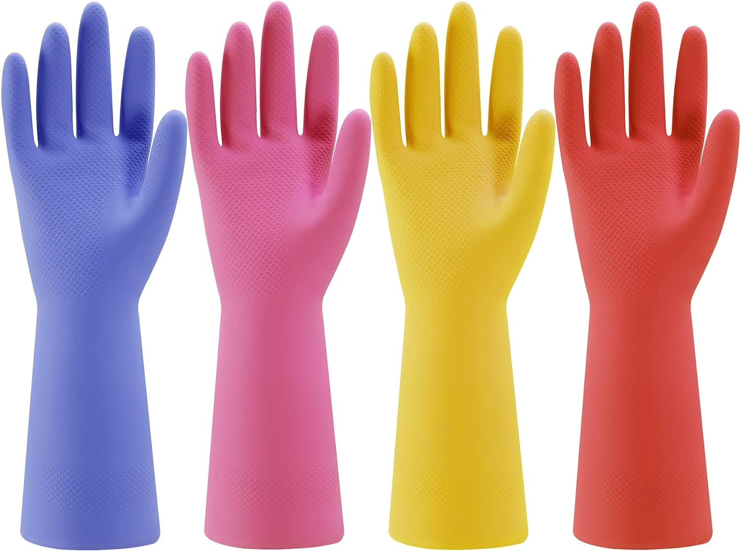 Rubber Kitchen Dishwashing Gloves - 4 Pairs Colorful Reusable Household Cleaning Gloves for Washing Dishes and Cleaning Tasks, Flexible Long-Lasting and Non-Slip (Medium, Blue+Pink+Yellow+Orange)