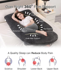 Pregnancy Pillow, Full Body 57 Inch Maternity Pillow with Removable Washable Cover - Sleep Support for Legs, Back, Neck, Shoulder, HIPS, Belly for Pregnent Women, Black Grey Velvet Cover