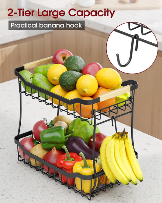Fruit Basket - 2 Tier Fruit Basket for Kitchen Counter, Detachable Fruit Vegetable Basket with Banana Hanger, Metal Countertop Fruit Stand with Wooden Handle, Black, 7.3" D X 11.2" W X 10.3" H