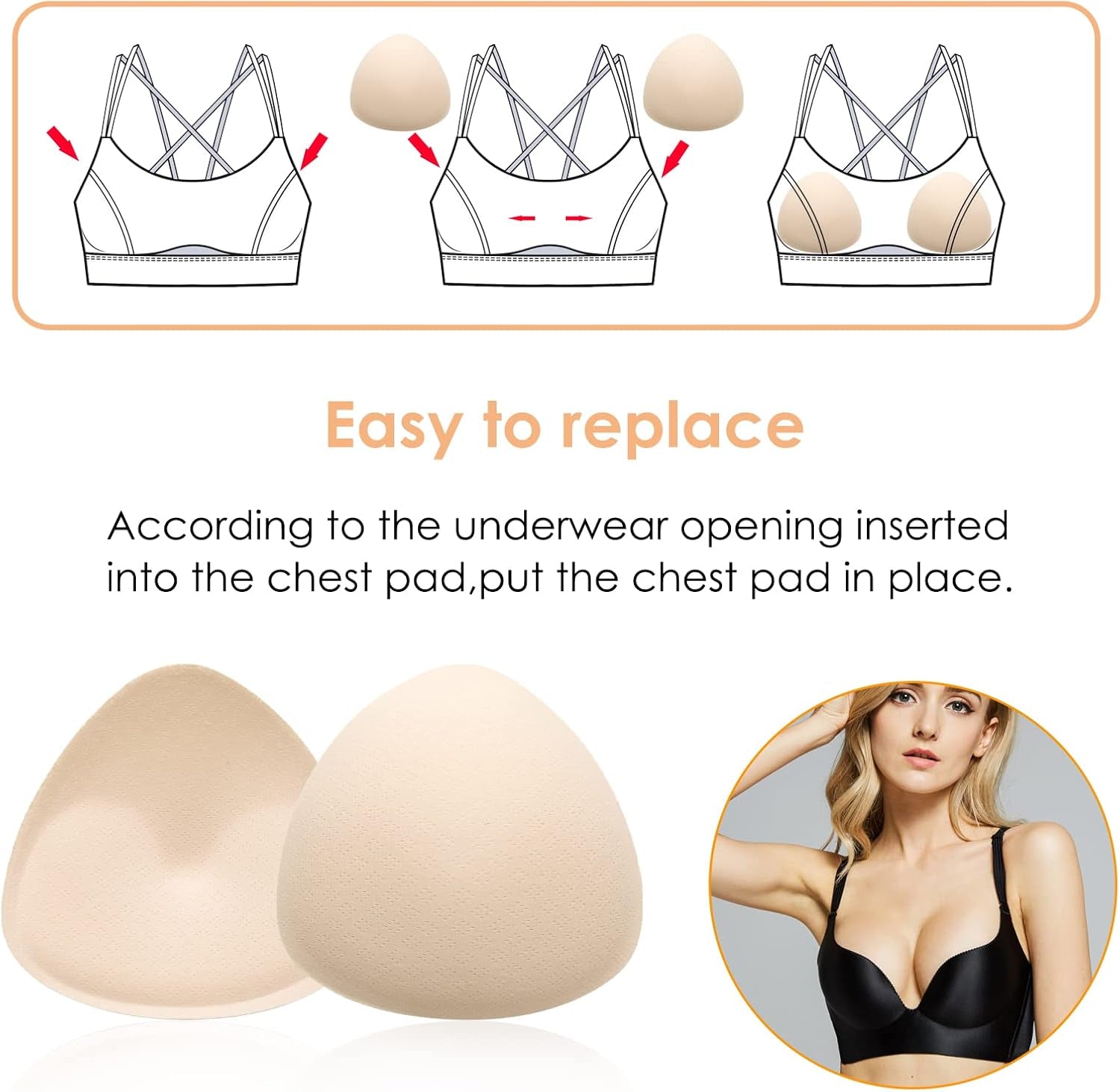 Glam 2 Pairs Bra Pads Inserts, Triangle Breathable Bra Inserts Skin Color Removable Breast Padding Bra Pads for Women Girls