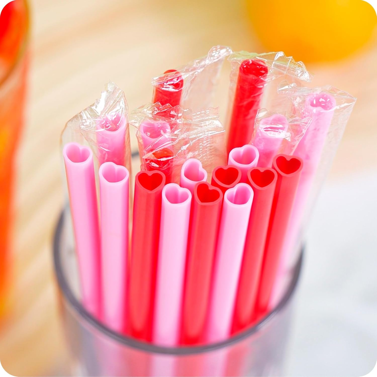 50Pcs Pink Heartshaped Straws,Individually Wrapped Disposable Drinking Straws for Valentines Day/Wedding/Birthday Party/Cocktail Supplies