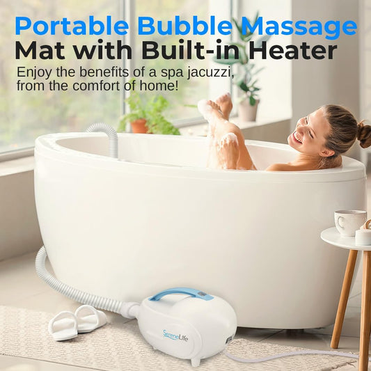 Electric Bubble Massage Mat - Waterproof Massaging Spa, Full Body Bubbling Bath Thermal Massager Machine - Maintains Heat Motorized Air Pump, Aroma Clip for Essential Oil - Blue
