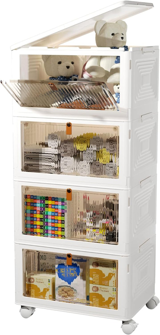 4 Tier Stackable Storage Bins with Lids, 23Qt Plastic Storage Containers with Magnetic Doors & Wheels, Collapsible Storage Bins Closet Organizers, Foldable Organization for Home, Party, Office, Dorm