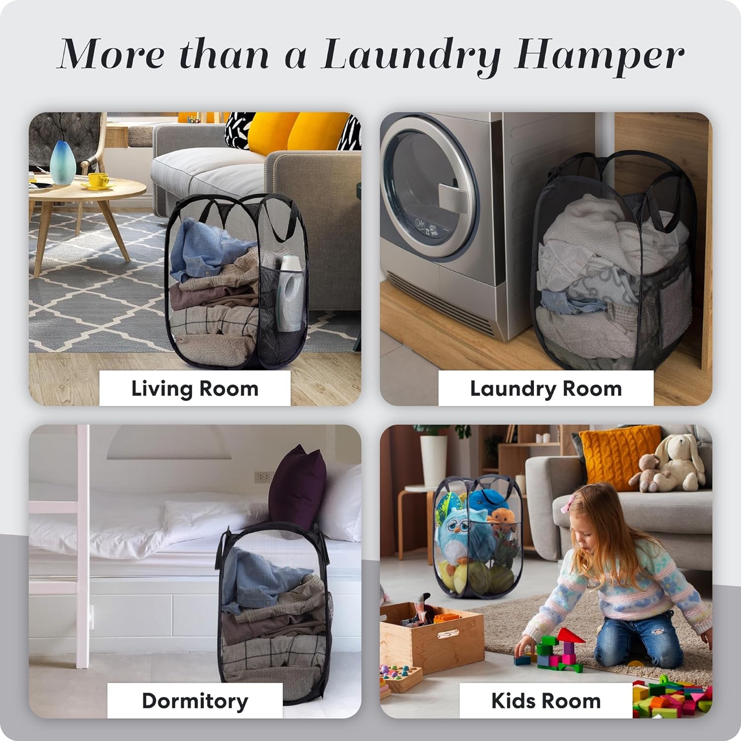 Collapsible Mesh Pop up Hamper with Wide Opening and Side Pocket – Breathable, Sturdy, Foldable, and Space-Saving Design for Clothes and Storage. (Black | 2-Pack)
