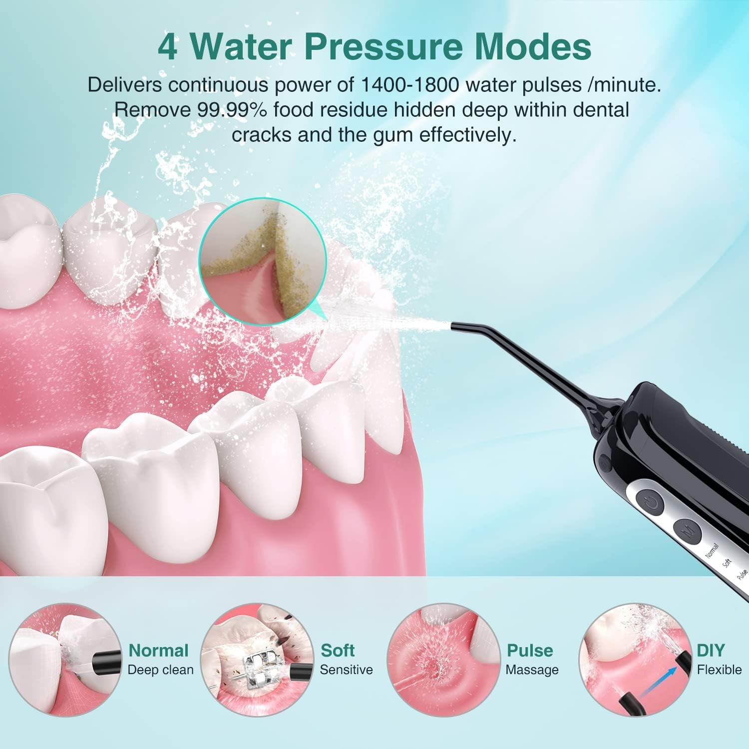 Cordless Water Dental Flosser Teeth Cleaner with Tips Case,  Professional 300ML Tank DIY Mode USB Rechargeable Oral Irrigator for Home and Travel, IPX7 Waterproof 4 Modes Irrigate for Oral Care