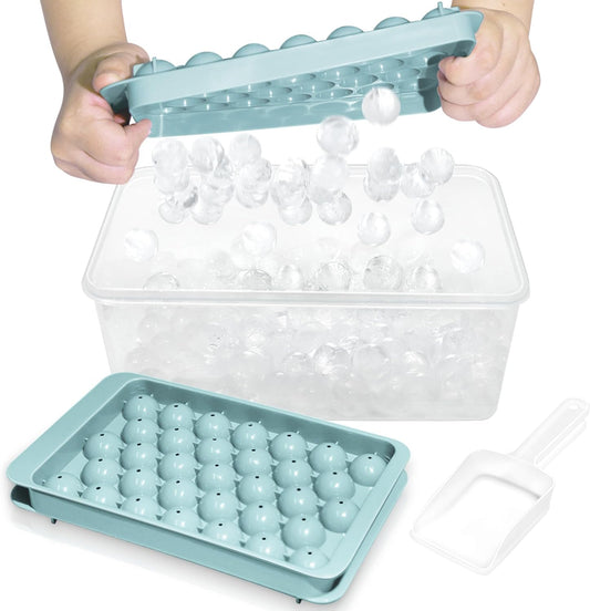 Ice Cube Tray with Lid and Bin - round Ice Trays for Freezer with Lid - Ice Cube Trays for Freezer with Ice Container (1"-2PACK Blue)