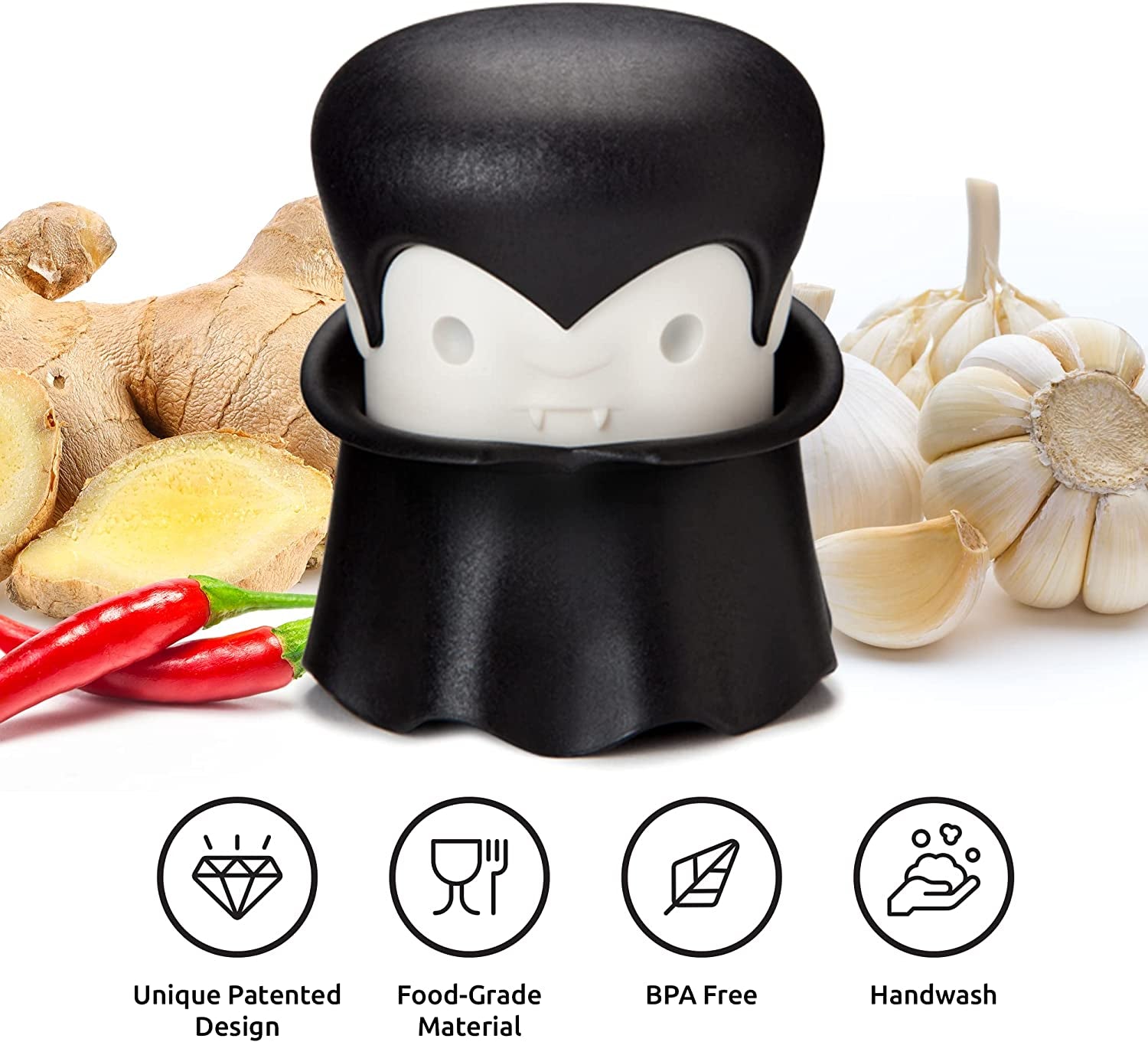 Glam Gracula Garlic Crusher, Garlic Peeler, Also for Ginger, Nuts, Chili, Herbs - Twist Top Mincer & Easy Squeeze Manual Press Peeler, Goth Gifts