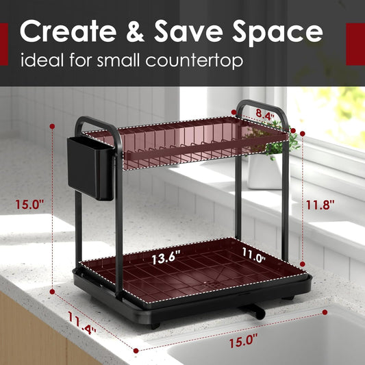 Dish Drying Rack - Stainless Steel Dish Rack for Kitchen Counter, 2-Tier Kitchen Organizers and Storage Rack with Drainboard and Cutlery Holder, Large, Black